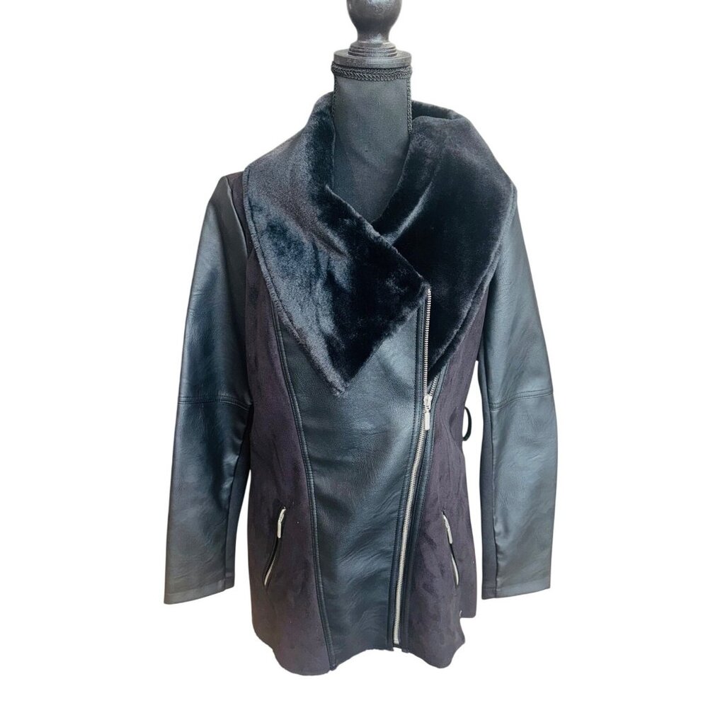 Baccini Black Womens S Faux Leather Suede Fur Asymmetrical Zip Coat Jacket City